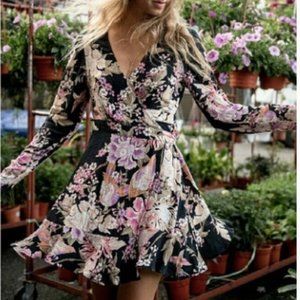 Spell Black Floral Wrap Mini Dress with Pink and Cream Blooms “Blue Skies”